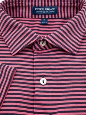 NEW Peter Millar Crown Crafted Pink and Dark Blue Stripe Polo Shirt M